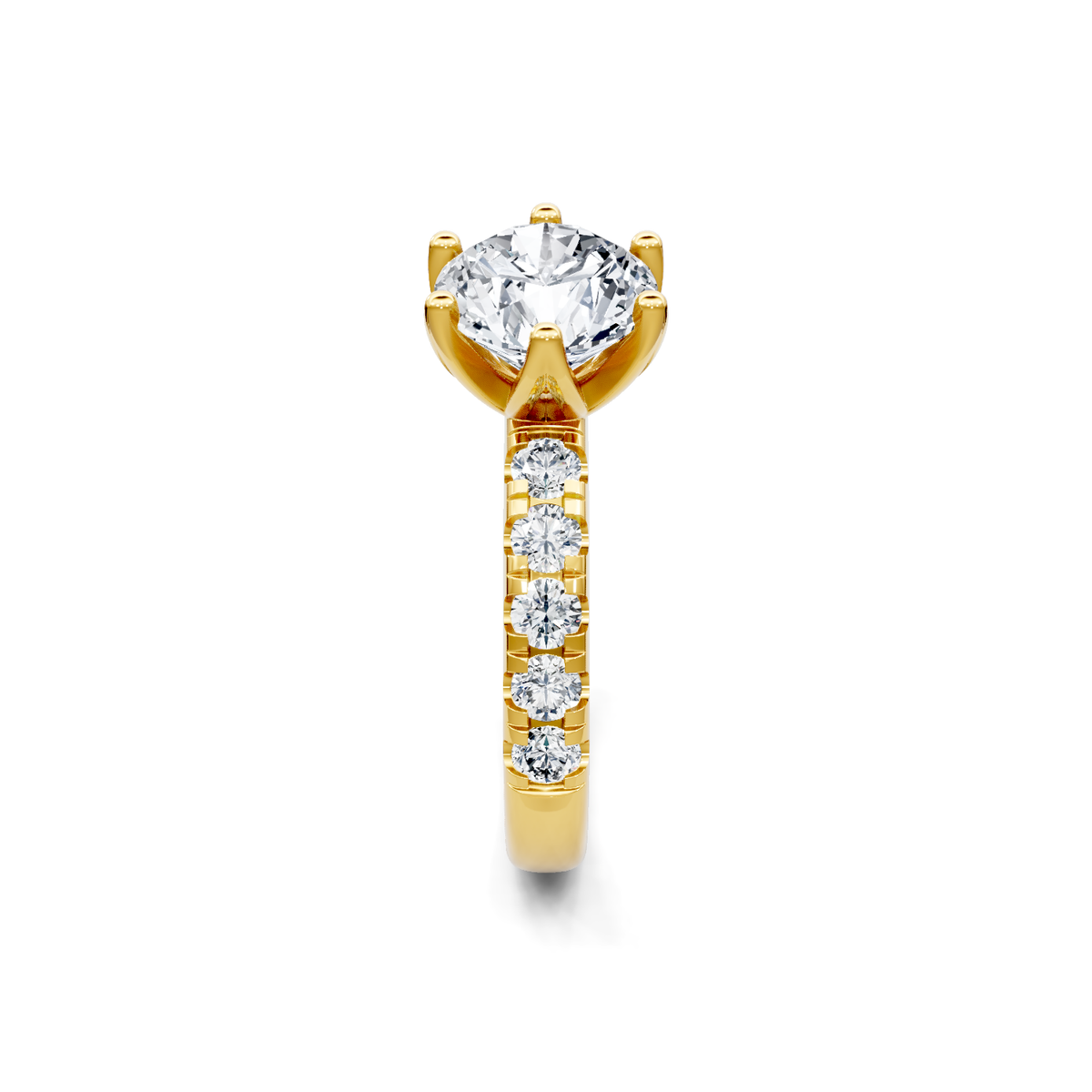 14K yellow gold round diamond engagement ring with pave accent band, side view