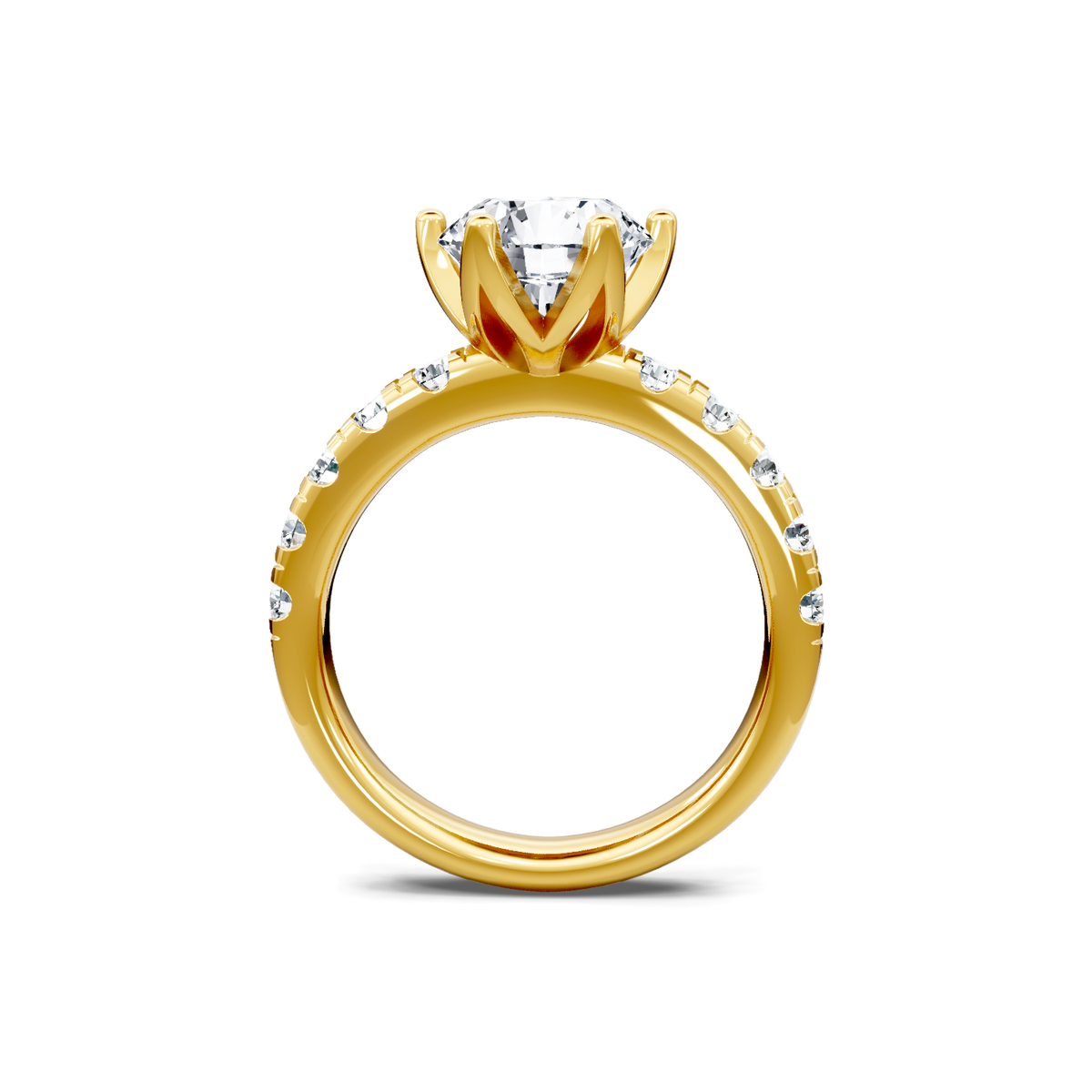 14K yellow gold round diamond engagement ring with six-prong head, through-finger view