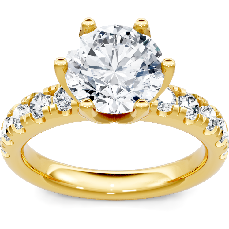14K yellow gold round diamond engagement ring with six-prong head and pave band, top view