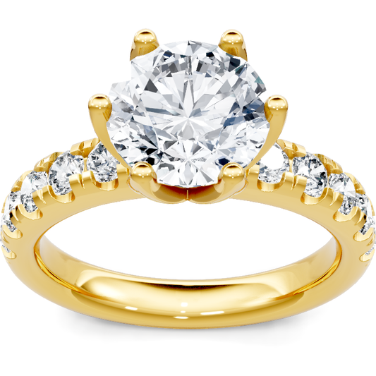 14K yellow gold round diamond engagement ring with six-prong head and pave band, top view
