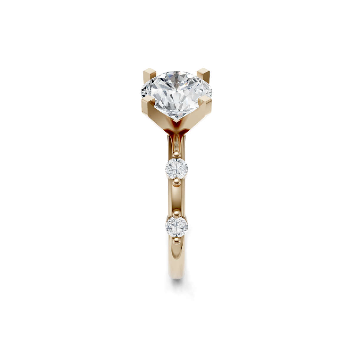 14K yellow gold round diamond engagement ring with spaced accent stones, side view