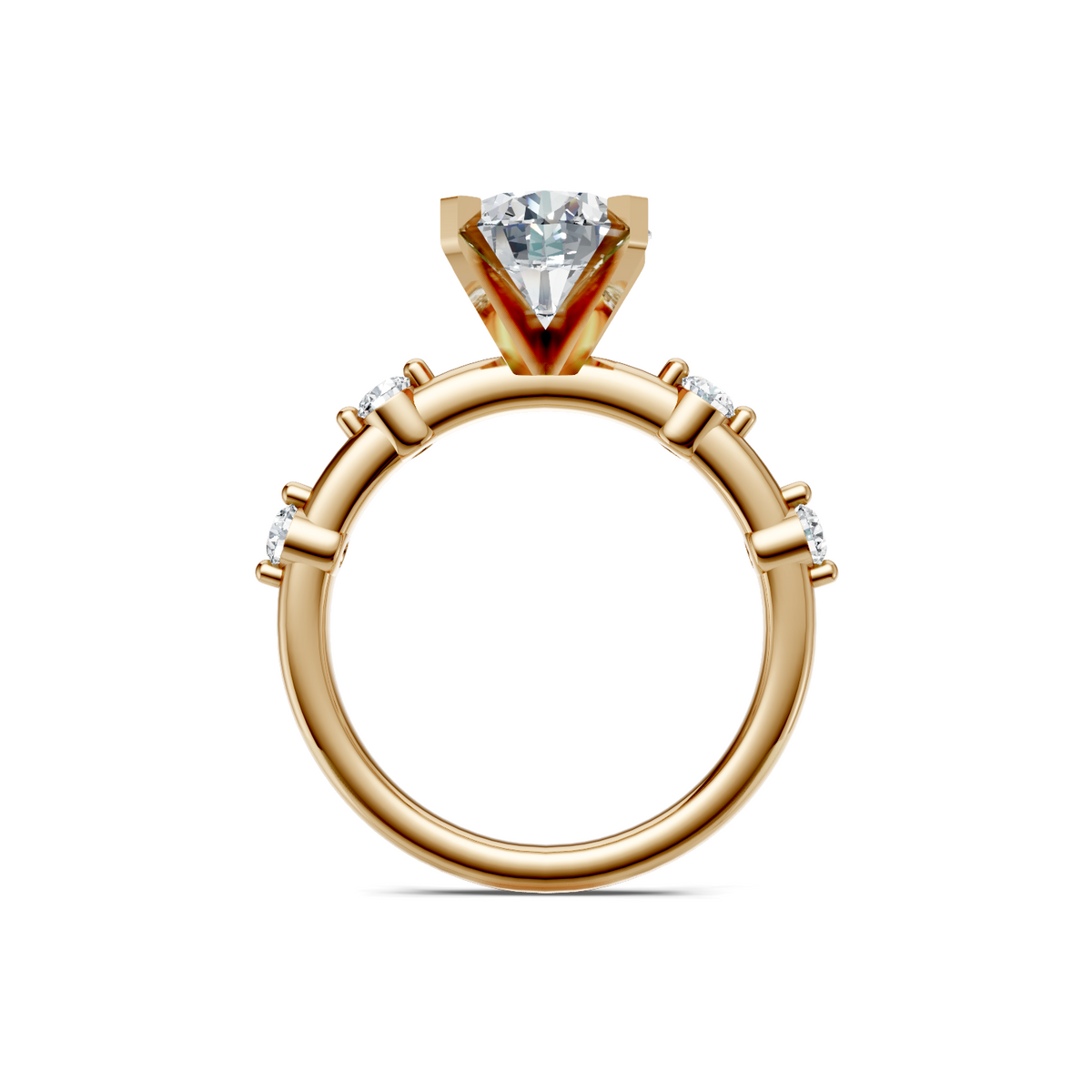 14K yellow gold round diamond engagement ring with spaced accent stones, through-finger view