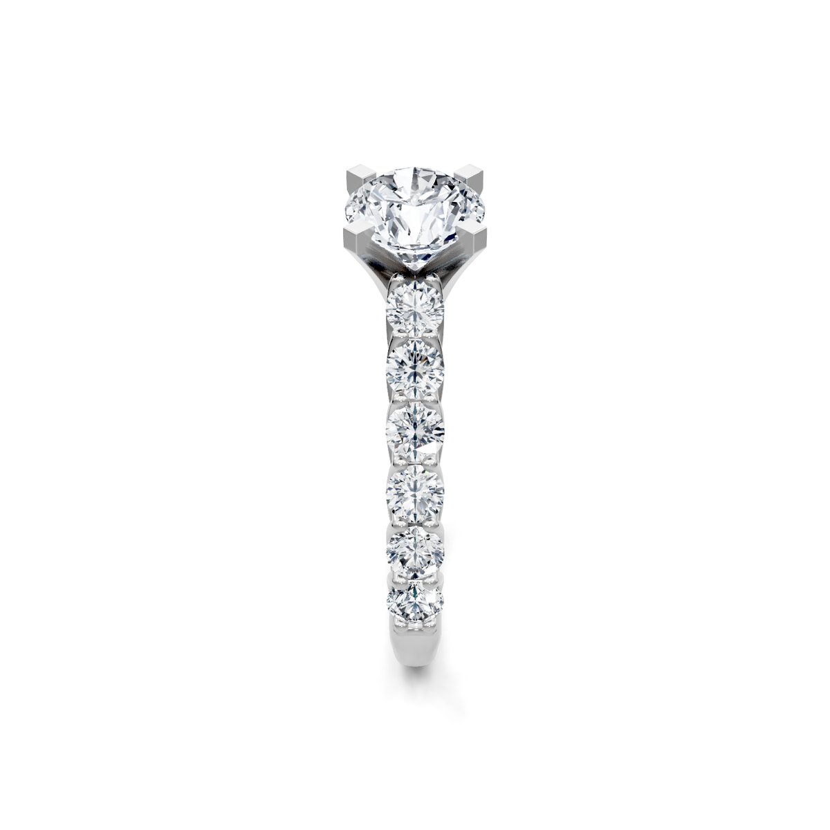14K white gold round diamond engagement ring with large shared-prong accent band, side view