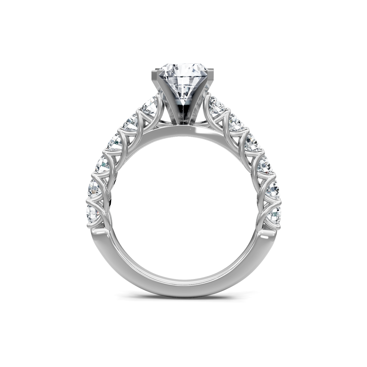14K white gold round diamond engagement ring with large accent band, through-finger view