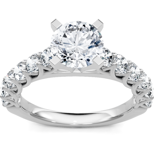 14K white gold round diamond engagement ring with large shared-prong accent band, top view