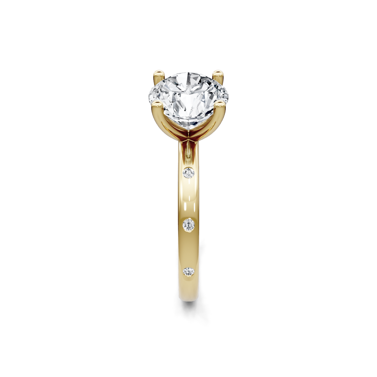 14K yellow gold round diamond solitaire engagement ring with diamond-set shoulders, side view