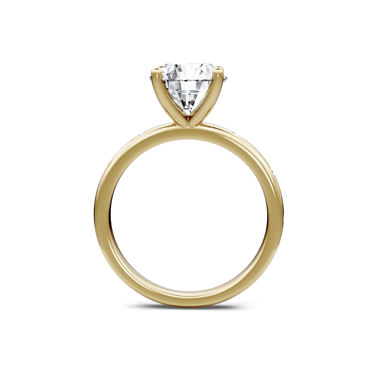 14K yellow gold round diamond solitaire engagement ring, through-finger view