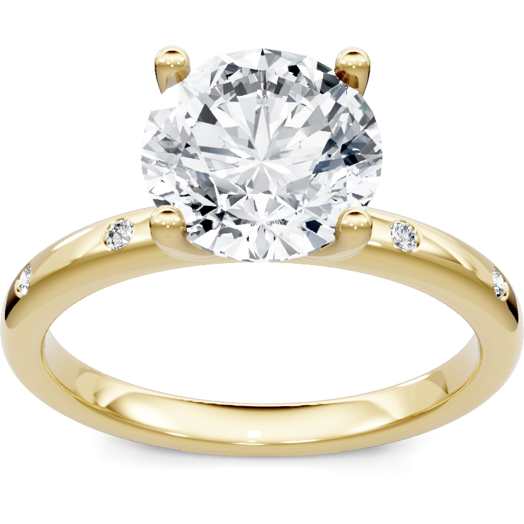 14K yellow gold round diamond solitaire engagement ring with flush-set accent shoulders, top view