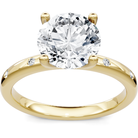 14K yellow gold round diamond solitaire engagement ring with flush-set accent shoulders, top view
