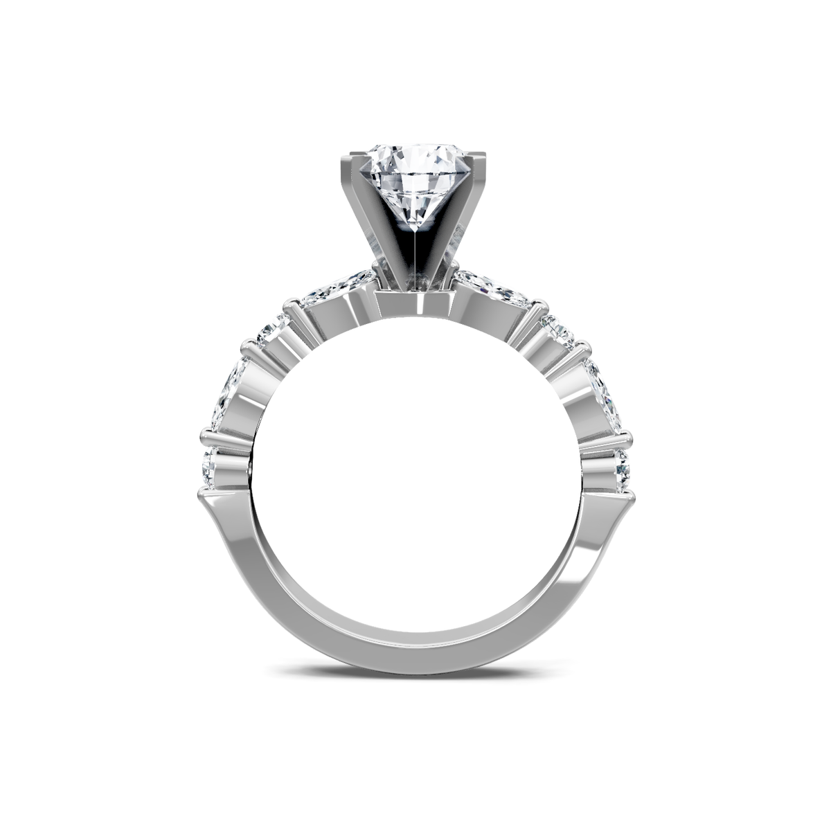 14K white gold round diamond engagement ring with marquise-motif accent band, through-finger view