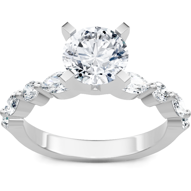 14K white gold diamond engagement ring with round center and marquise-and-round accent band