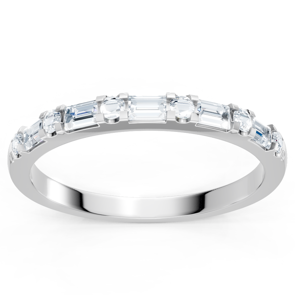 14K White Gold Round Diamond and Baguette Alternating Band