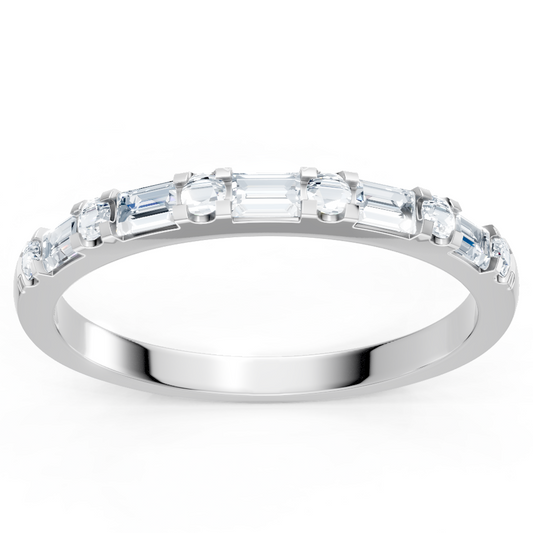 14K White Gold Round Diamond and Baguette Alternating Band