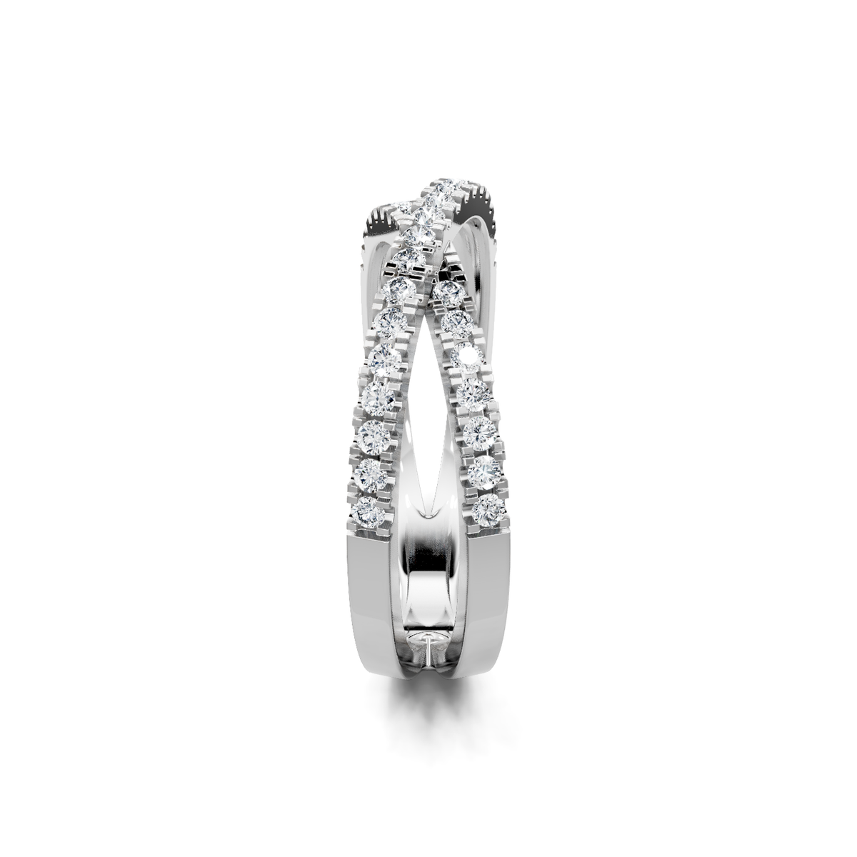 White gold diamond crossover wedding band with milgrain edge, side profile