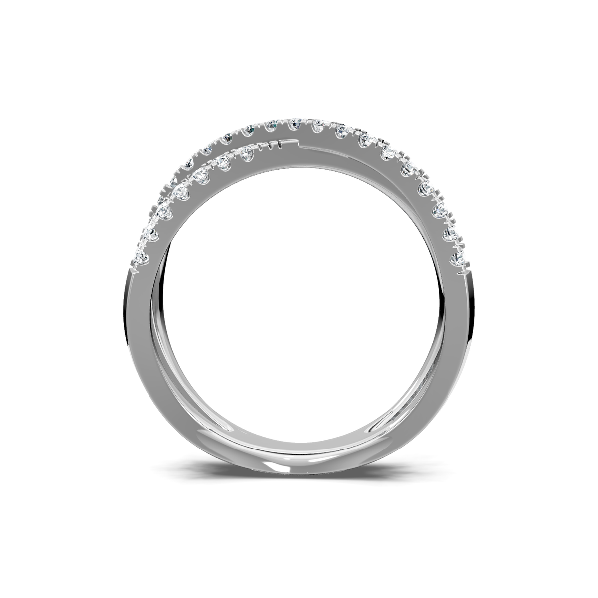 White gold diamond crossover wedding band viewed through the finger opening