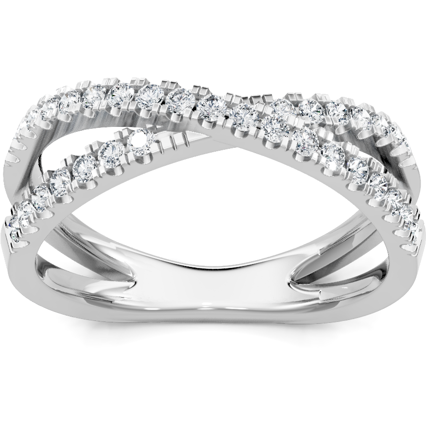 14K white gold diamond crossover wedding band with pave X design