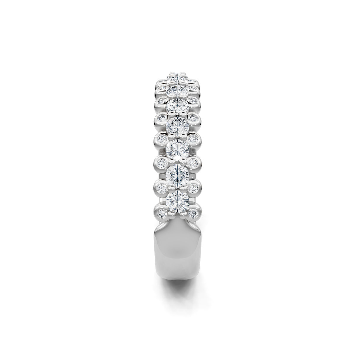White gold two-row diamond band with bezel and prong accents, side view
