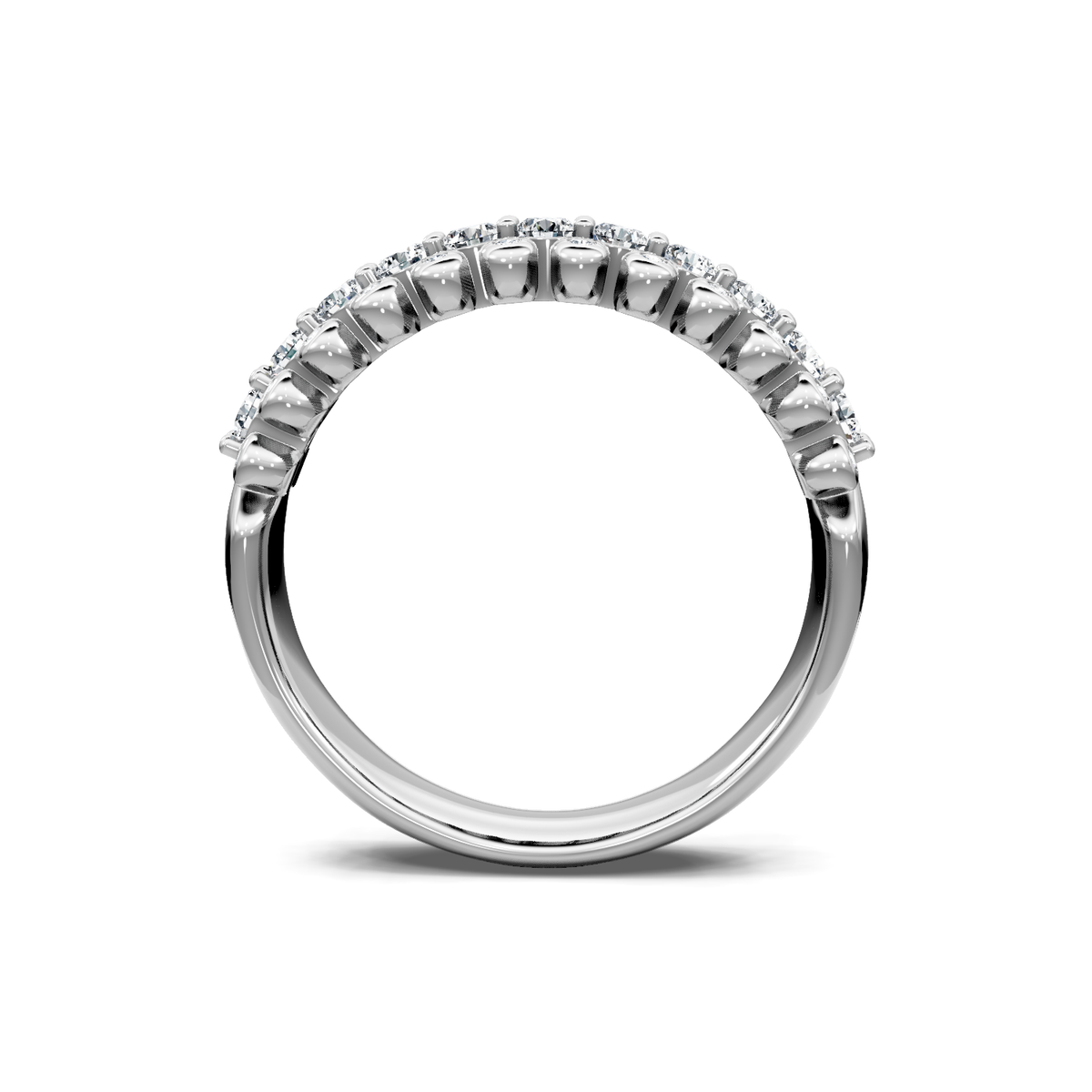 White gold diamond anniversary band seen through the finger opening