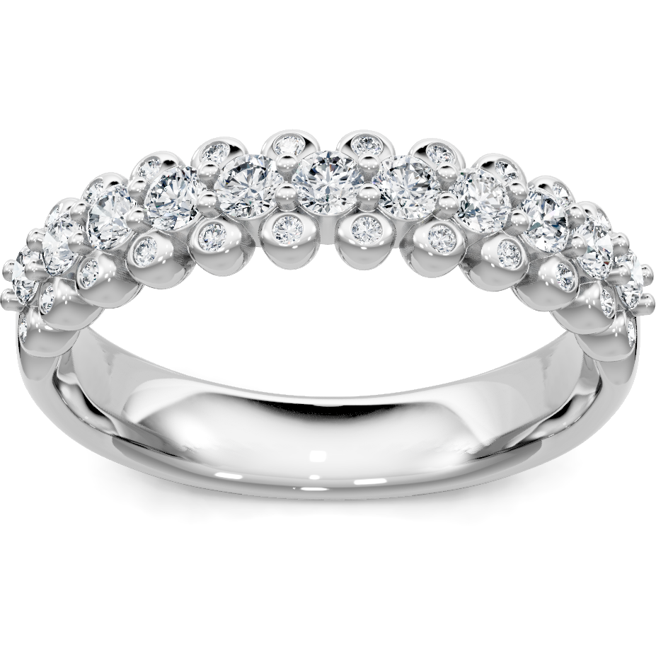 14K white gold cluster diamond anniversary band with bezel and prong accents