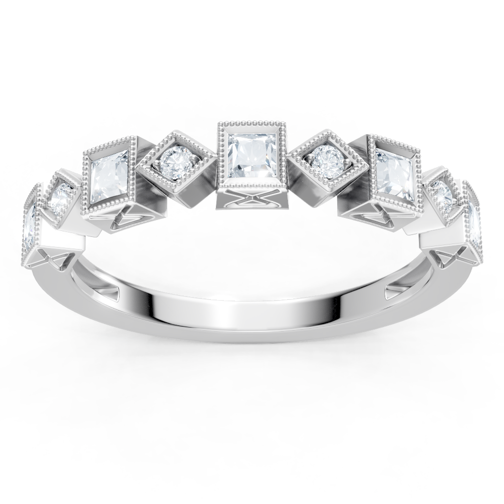 14K White Gold Round and Princess Cut Diamond Pave Band