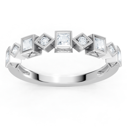14K White Gold Round and Princess Cut Diamond Pave Band
