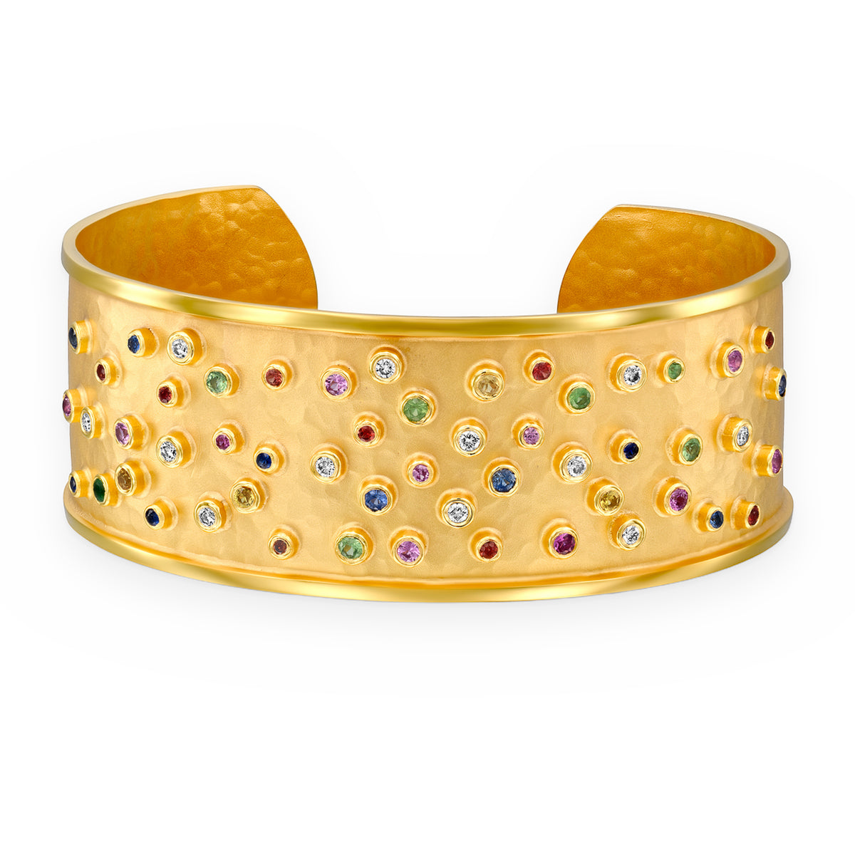 Hammered yellow gold cuff bracelet scattered with multicolor sapphires and diamonds