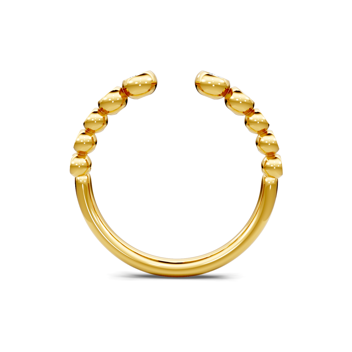Yellow gold open-top diamond band viewed through the finger opening