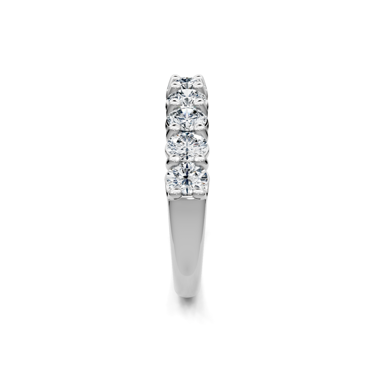 White gold shared-prong diamond anniversary band, side profile