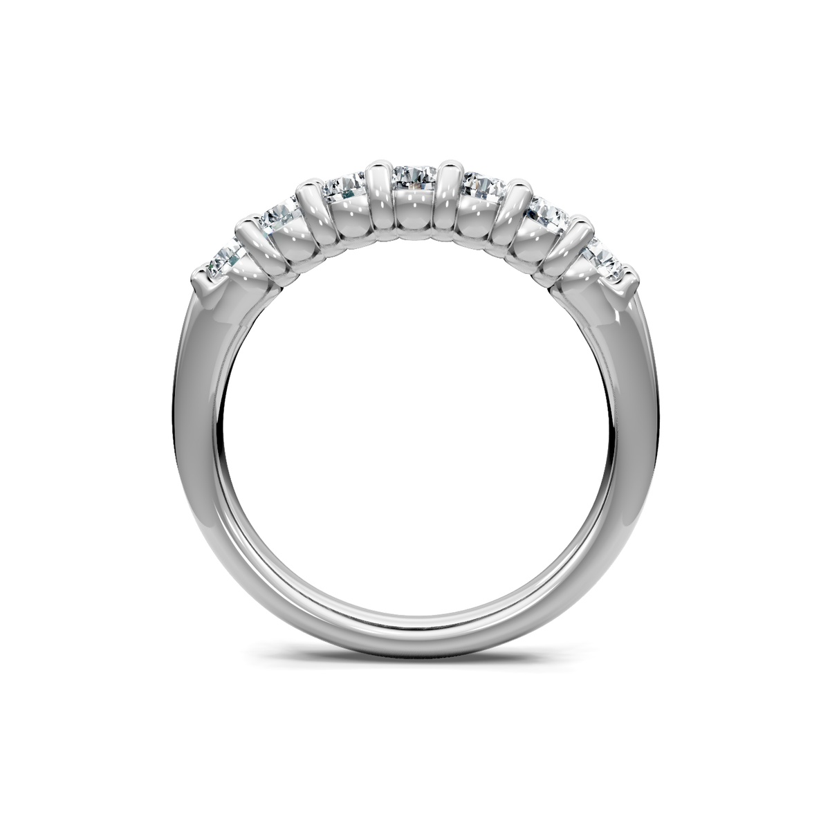 White gold diamond anniversary band viewed through the finger opening