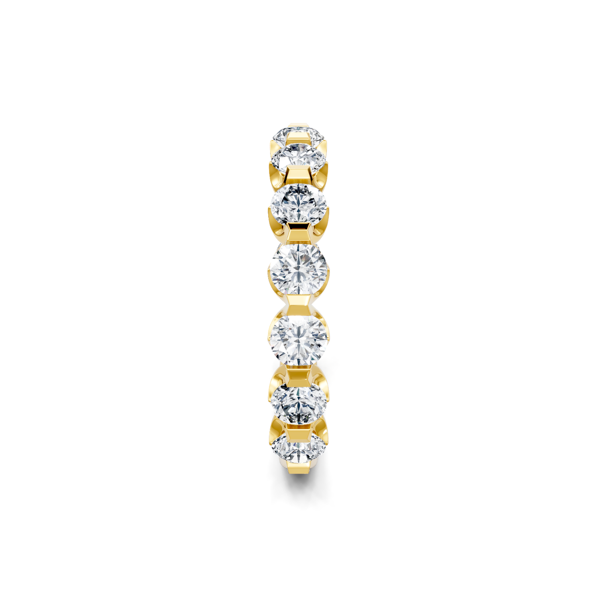 Yellow gold single-shared-prong round diamond eternity-style band, side profile