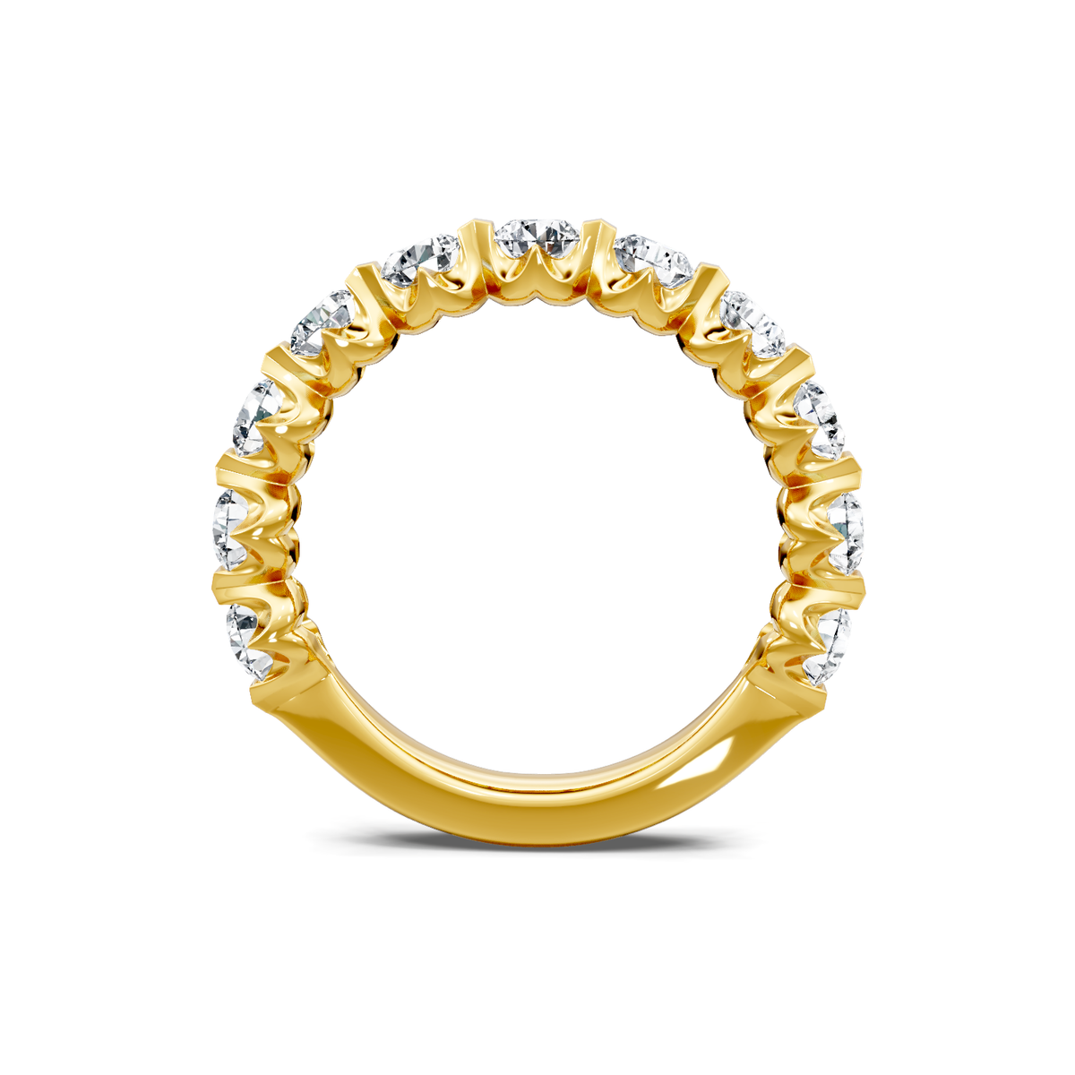 Yellow gold shared-prong diamond band viewed through the finger opening