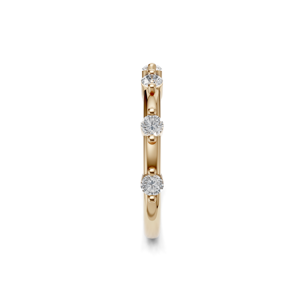 Yellow gold spaced round diamond band with bead accents, side profile