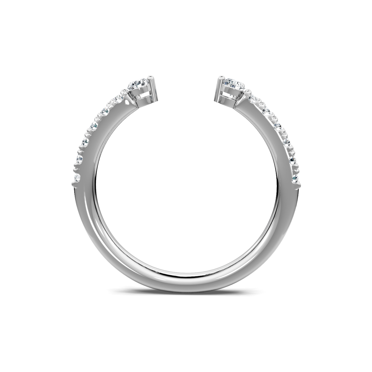 White gold open-front pave diamond band viewed through the finger opening