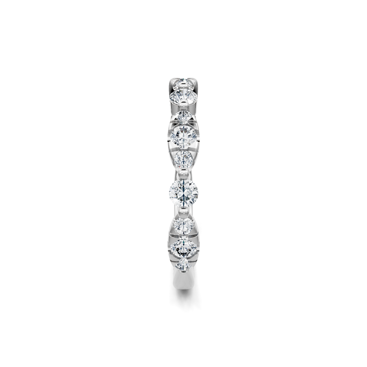 White gold shared-prong round diamond band, side profile