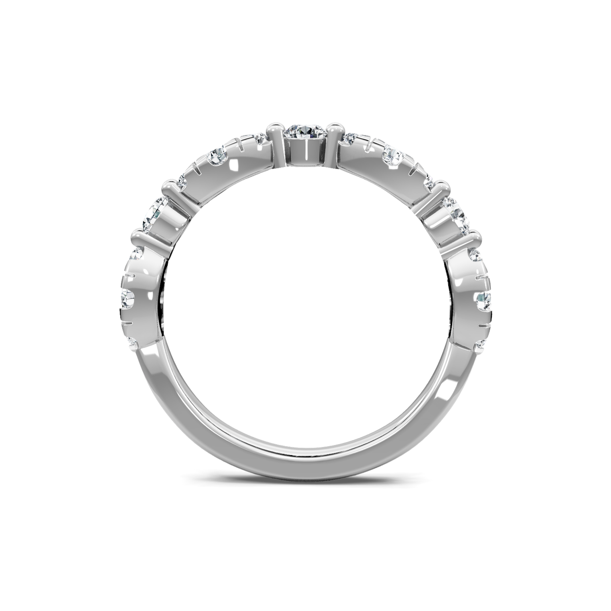 White gold spaced diamond band viewed through the finger opening
