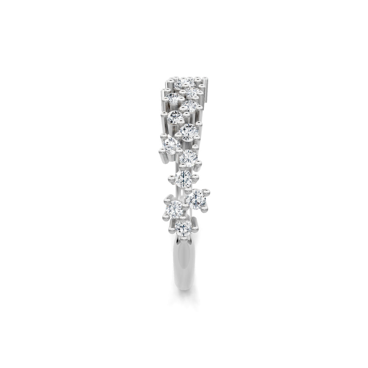 White gold scattered cluster diamond band, alternate side profile