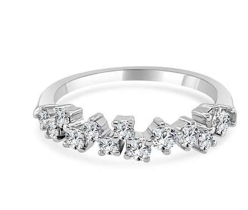 White gold scattered round diamond cluster band, angled studio view