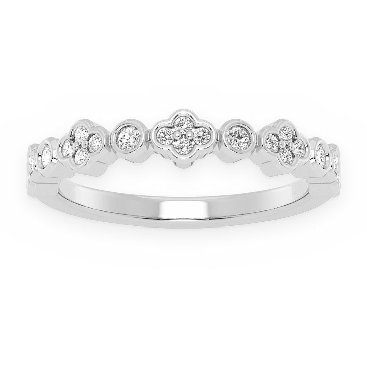 14K white gold clover-cluster and bezel diamond anniversary band