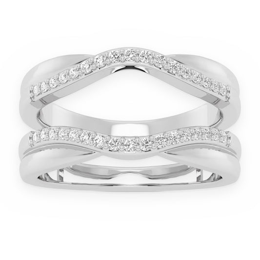 White gold contoured diamond ring wrap enhancer with pave rows