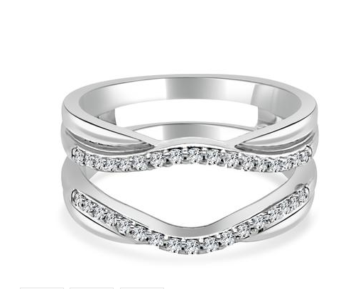 White gold contoured diamond ring wrap enhancer, angled view