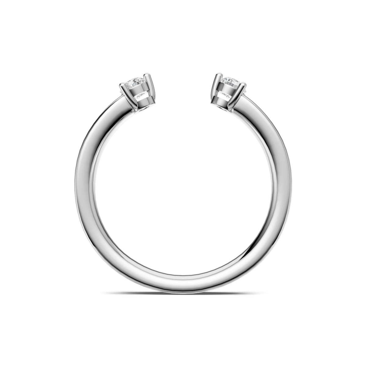 White gold two-stone open diamond ring viewed through the finger opening