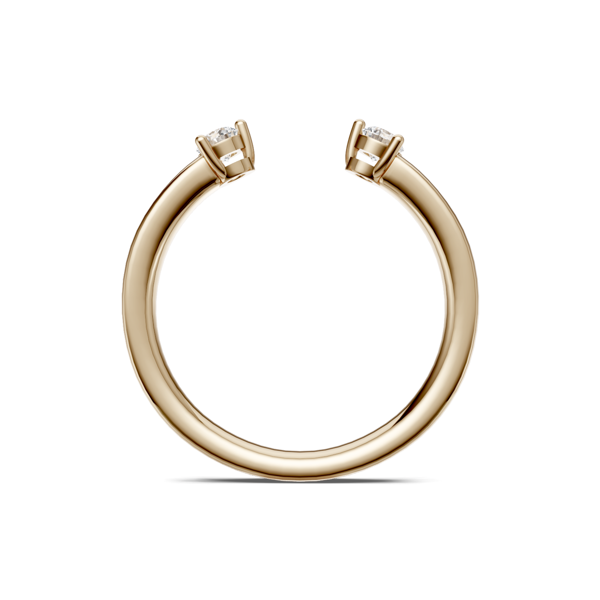Yellow gold two-stone open diamond ring viewed through the finger opening