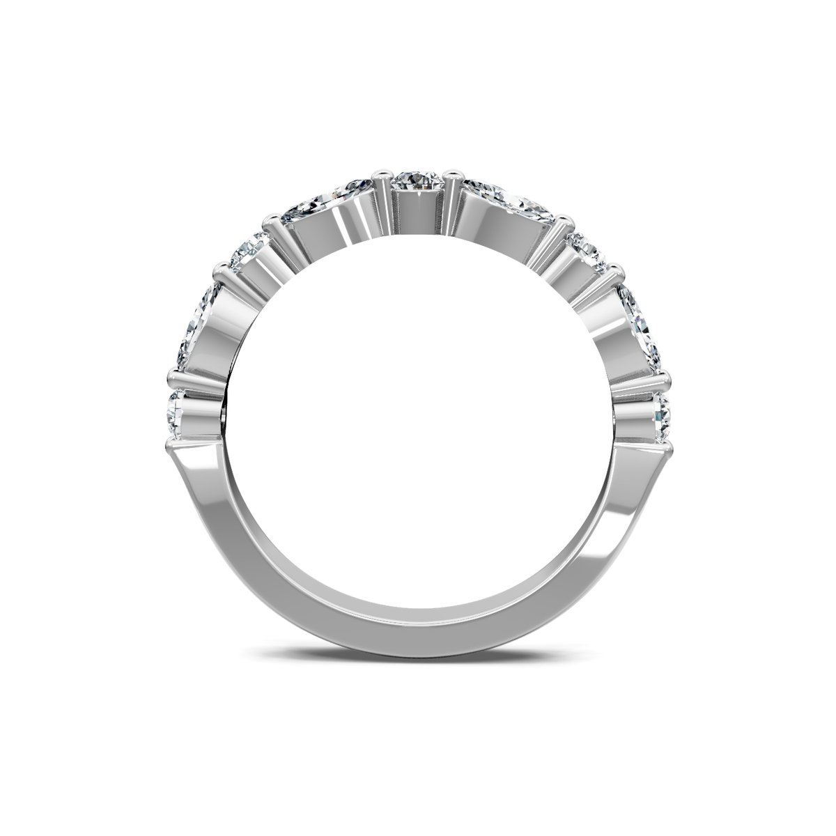 White gold round and marquise diamond band viewed through the finger opening