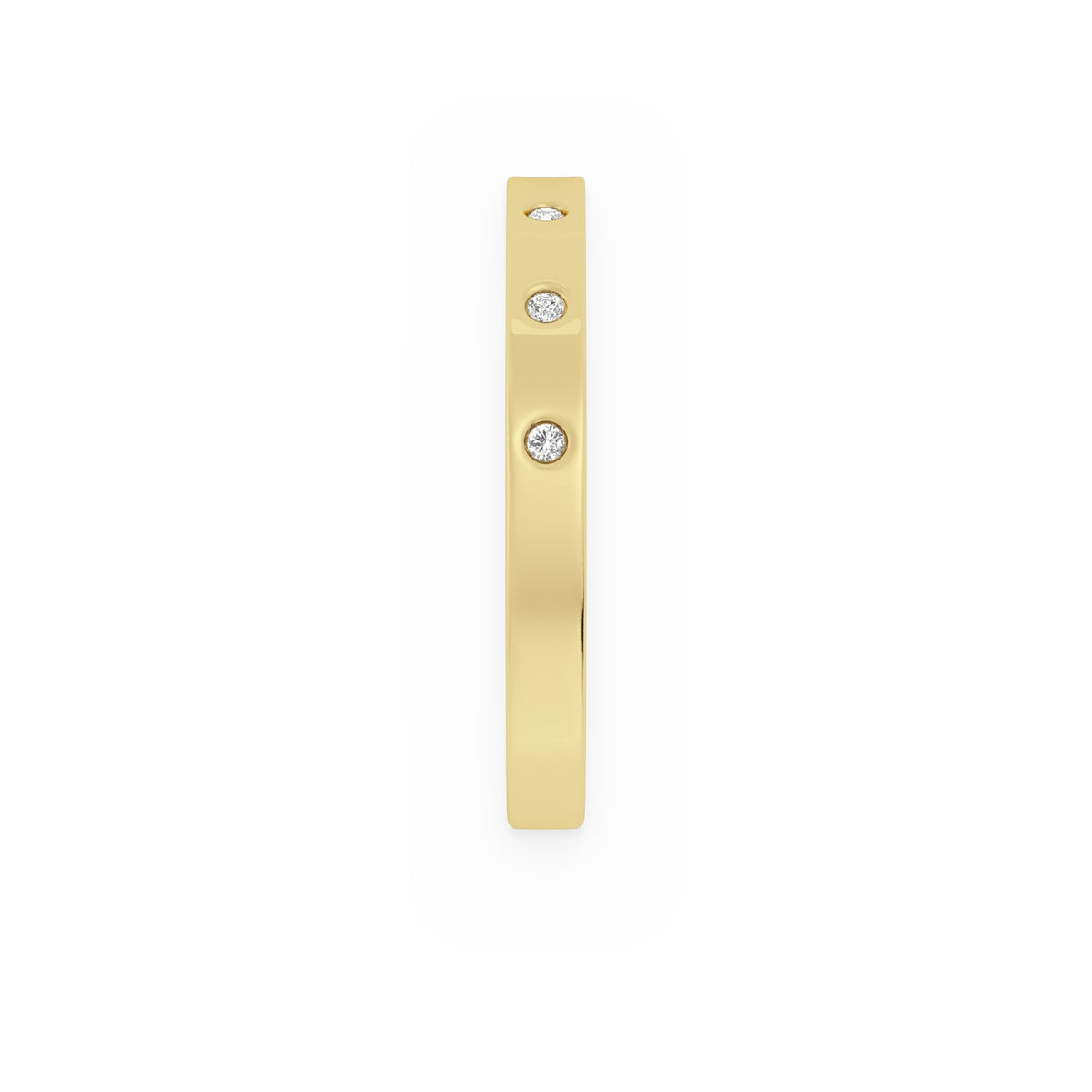 Yellow gold flush-set diamond flat band viewed through the finger opening