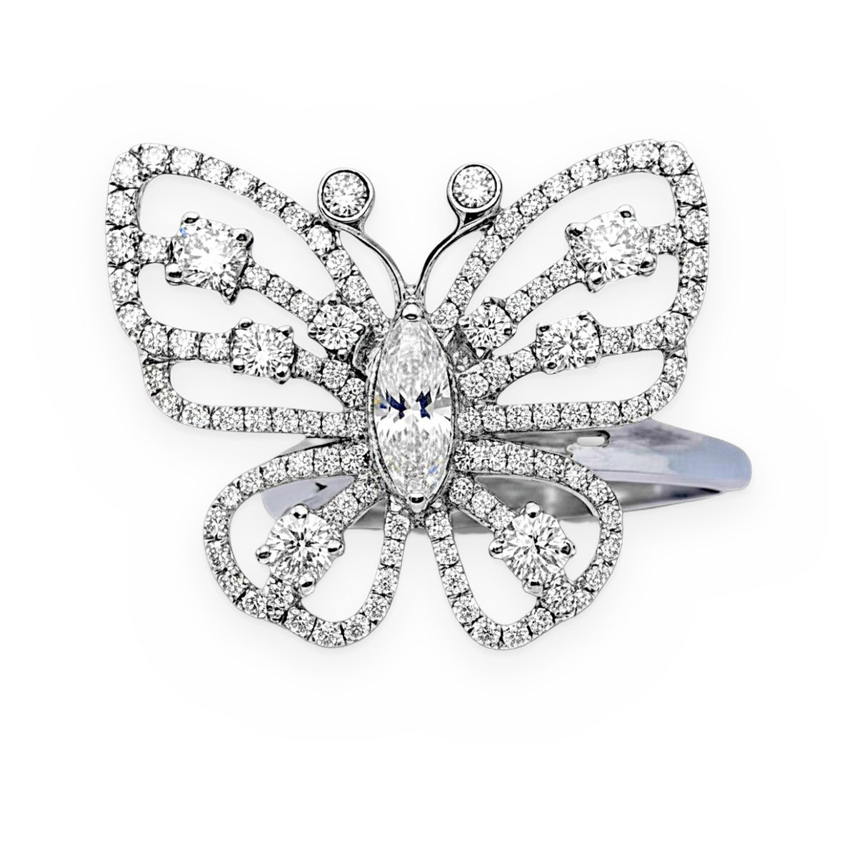 White gold diamond butterfly ring with marquise-cut center diamond