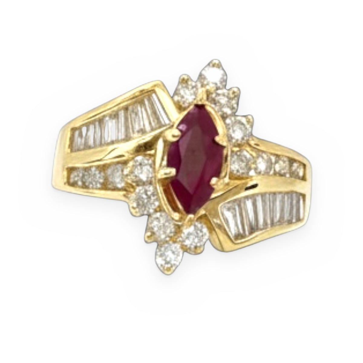 Yellow gold ring with marquise ruby center surrounded by diamonds