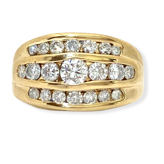 Yellow gold wide band with three rows of channel-set round diamonds