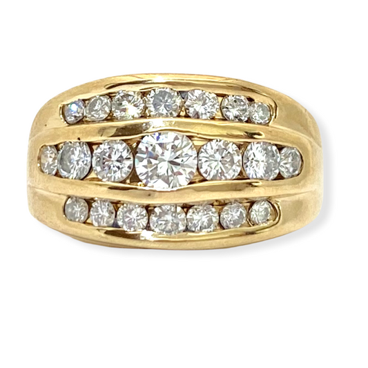Yellow gold wide band with three rows of channel-set round diamonds