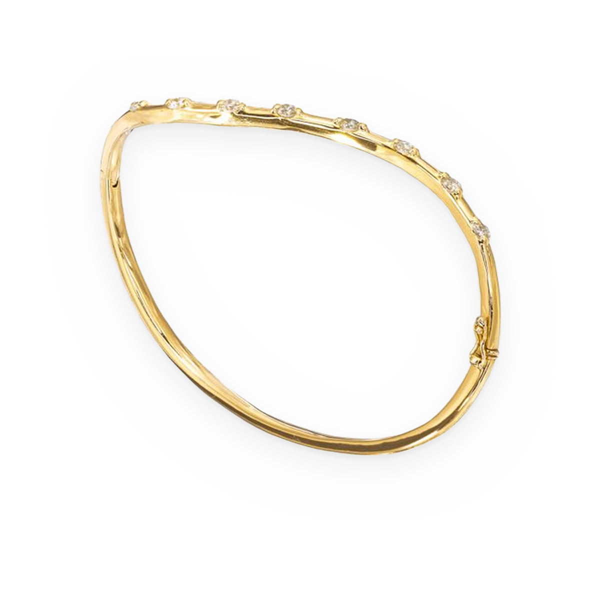 Yellow gold hinged bangle bracelet scattered with bezel-set diamonds