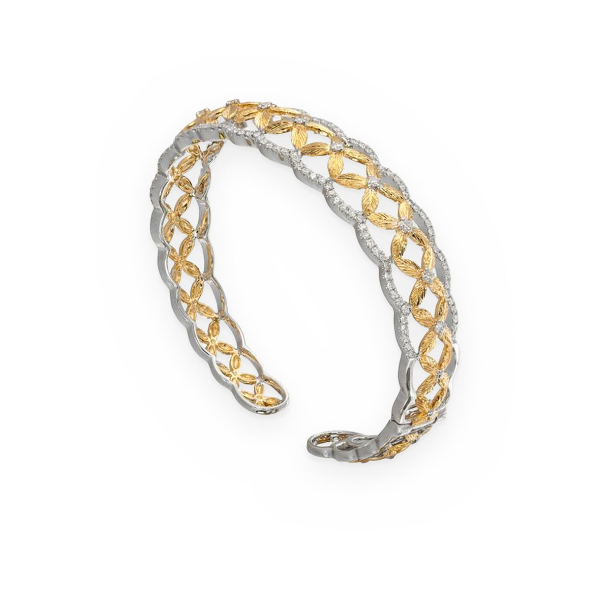 Two-tone gold cuff bracelet with diamond and yellow gold marquise leaf motif